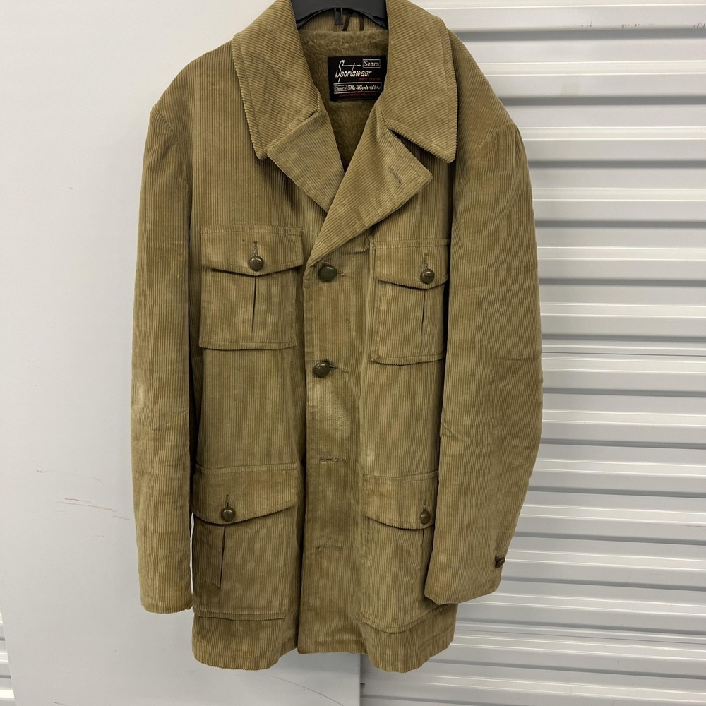 Vintage Sears Jacket Mens 42L Beige Corduroy Sherpa Lined Field Military USA